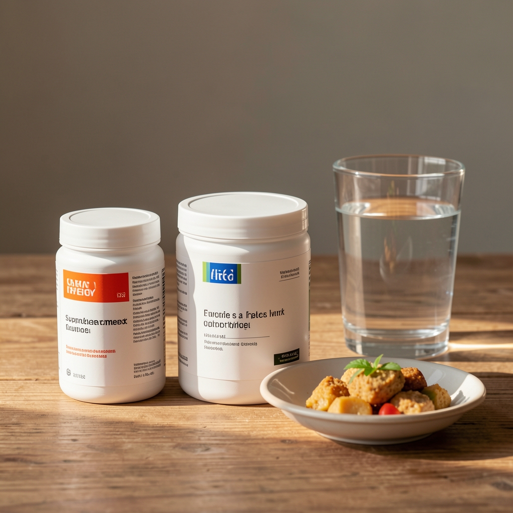 Supplement containers arranged on a wooden surface next to a glass of water and a small plate of food, morning light editorial composition